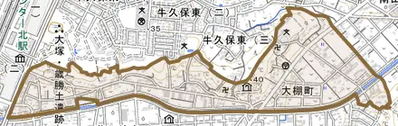 大棚町とその周辺の地図。町の範囲を重ねている