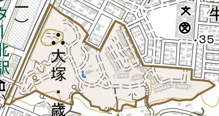 大棚西とその周辺の地図。町の範囲を重ねている