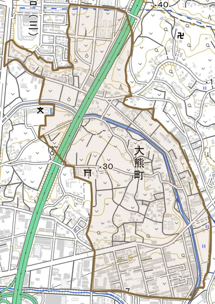 大熊町とその周辺の地図。町の範囲を重ねている