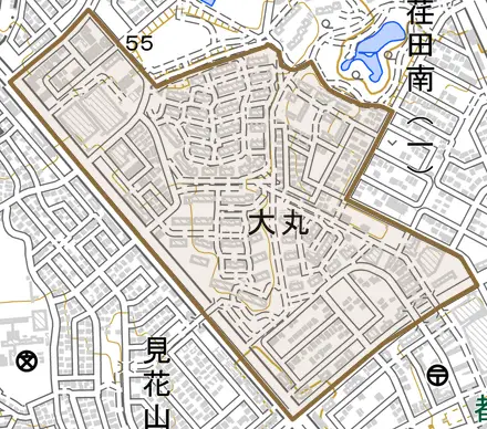 大丸とその周辺の地図。町の範囲を重ねている