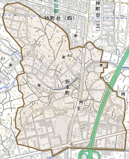 折本町とその周辺の地図。町の範囲を重ねている