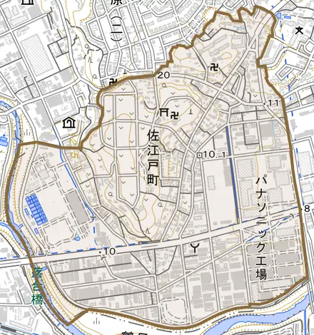 佐江戸町とその周辺の地図。町の範囲を重ねている