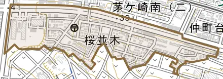 桜並木とその周辺の地図。町の範囲を重ねている