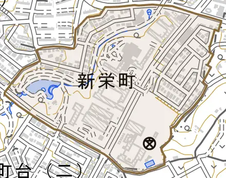 新栄町とその周辺の地図。町の範囲を重ねている