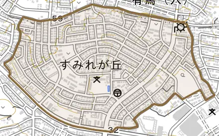 すみれが丘とその周辺の地図。町の範囲を重ねている