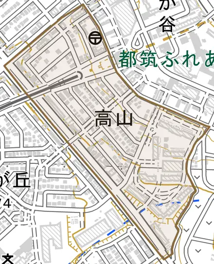 高山とその周辺の地図。町の範囲を重ねている