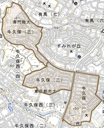牛久保とその周辺の地図。町の範囲を重ねている