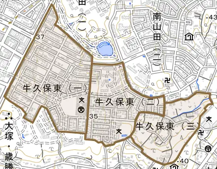 牛久保東とその周辺の地図。町の範囲を重ねている