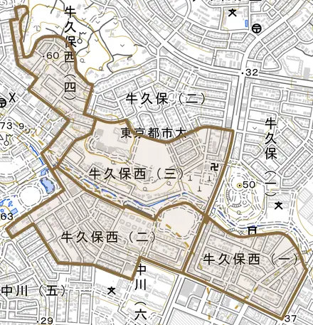 牛久保西とその周辺の地図。町の範囲を重ねている