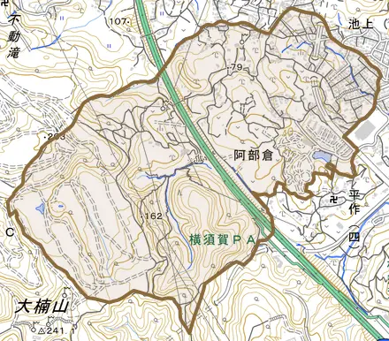 阿部倉とその周辺の地図。町の範囲を重ねている