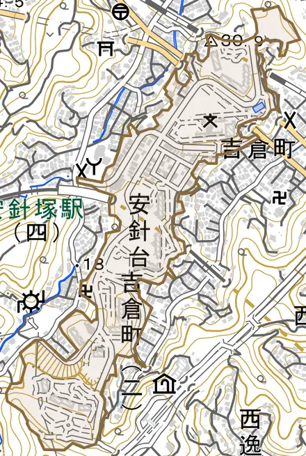 安針台とその周辺の地図。町の範囲を重ねている
