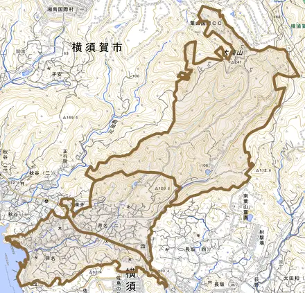 芦名とその周辺の地図。町の範囲を重ねている