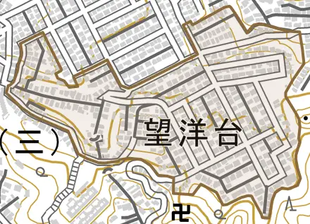 望洋台とその周辺の地図。町の範囲を重ねている