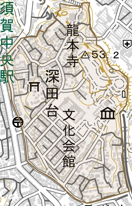 深田台とその周辺の地図。町の範囲を重ねている