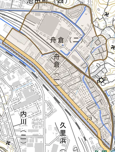 舟倉とその周辺の地図。町の範囲を重ねている
