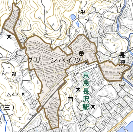 グリーンハイツとその周辺の地図。町の範囲を重ねている