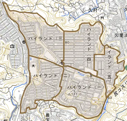ハイランドとその周辺の地図。町の範囲を重ねている