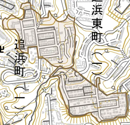 浜見台とその周辺の地図。町の範囲を重ねている