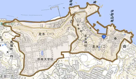 走水とその周辺の地図。町の範囲を重ねている