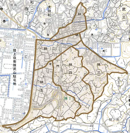 林とその周辺の地図。町の範囲を重ねている