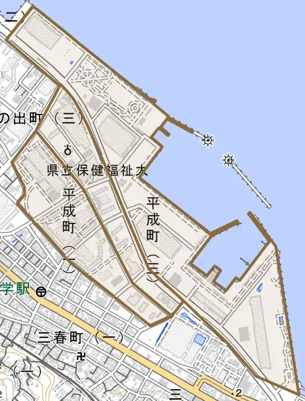 平成町とその周辺の地図。町の範囲を重ねている