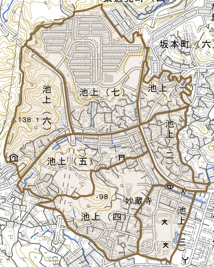 池上とその周辺の地図。町の範囲を重ねている