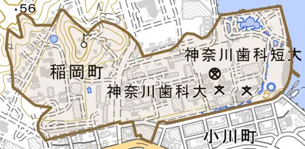 稲岡町とその周辺の地図。町の範囲を重ねている