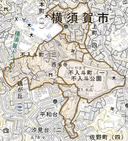 不入斗町とその周辺の地図。町の範囲を重ねている