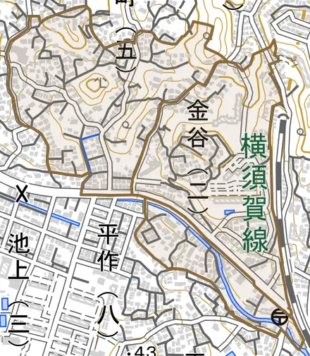 金谷とその周辺の地図。町の範囲を重ねている