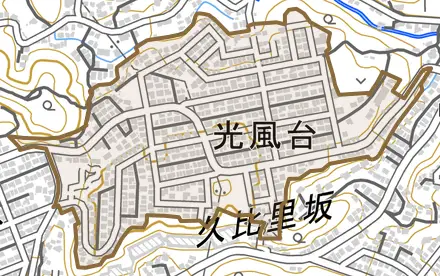 光風台とその周辺の地図。町の範囲を重ねている