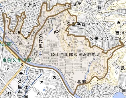 久比里とその周辺の地図。町の範囲を重ねている