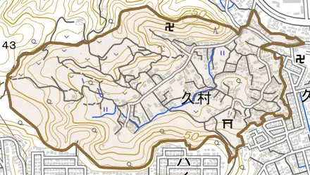 久村とその周辺の地図。町の範囲を重ねている