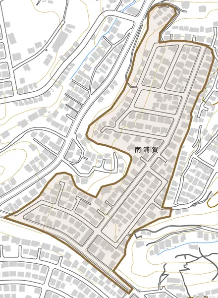 南浦賀とその周辺の地図。町の範囲を重ねている