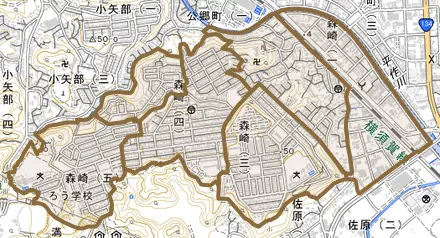 森崎とその周辺の地図。町の範囲を重ねている