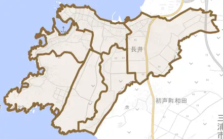 長井とその周辺の地図。町の範囲を重ねている