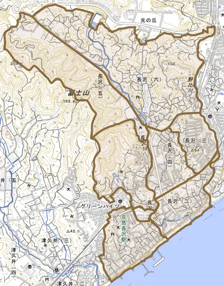 長沢とその周辺の地図。町の範囲を重ねている