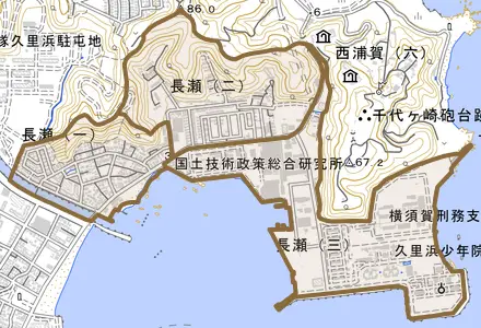長瀬とその周辺の地図。町の範囲を重ねている