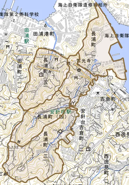 長浦町とその周辺の地図。町の範囲を重ねている