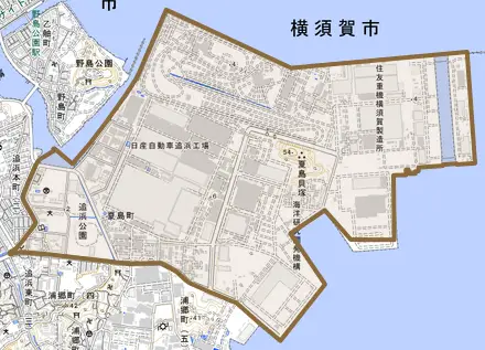 夏島町とその周辺の地図。町の範囲を重ねている