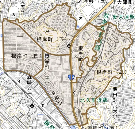 根岸町とその周辺の地図。町の範囲を重ねている