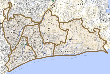 野比とその周辺の地図。町の範囲を重ねている