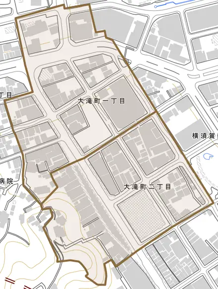 大滝町とその周辺の地図。町の範囲を重ねている