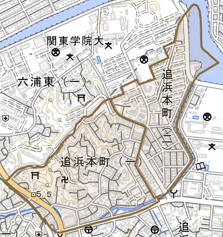追浜本町とその周辺の地図。町の範囲を重ねている
