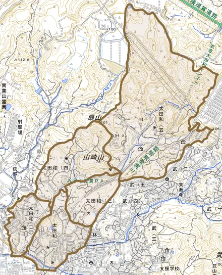 太田和とその周辺の地図。町の範囲を重ねている
