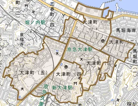 大津町とその周辺の地図。町の範囲を重ねている