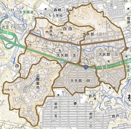 大矢部とその周辺の地図。町の範囲を重ねている