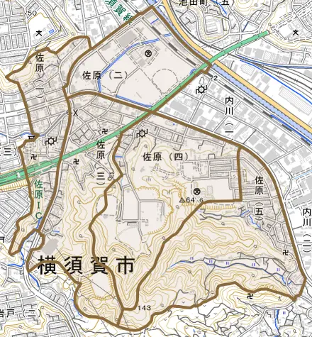 佐原とその周辺の地図。町の範囲を重ねている