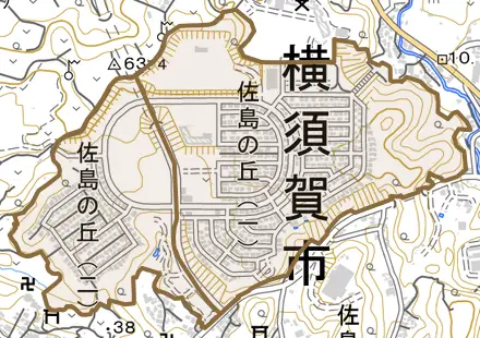 佐島の丘とその周辺の地図。町の範囲を重ねている