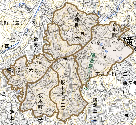 坂本町とその周辺の地図。町の範囲を重ねている