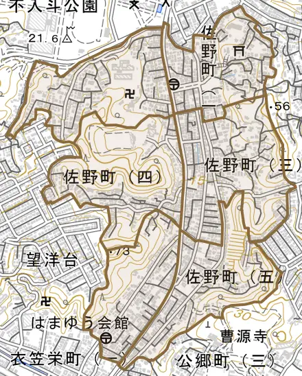 佐野町とその周辺の地図。町の範囲を重ねている